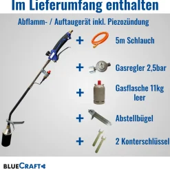 Abflammgerät mit Piezozündung Unkrautvernichter  69 kW, Gas-Druck-Regler, 11kg Gasflasche leer