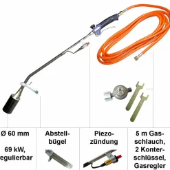 Abflammgerät mit Piezozündung 69 kW  mit Gas-Druck-Regler und 10 kg premium Composite Gasflasche leer
