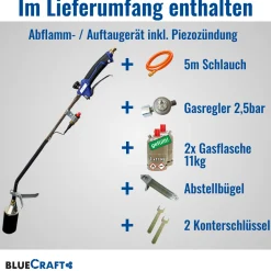 Abflammgerät mit Piezozündung Unkrautvernichter  69 kW, Gas-Druck-Regler, 2x 11kg Gasflasche voll