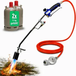 Abflammgerät mit Piezozündung Unkrautvernichter  69 kW, Gas-Druck-Regler, 2x 11kg Gasflasche voll
