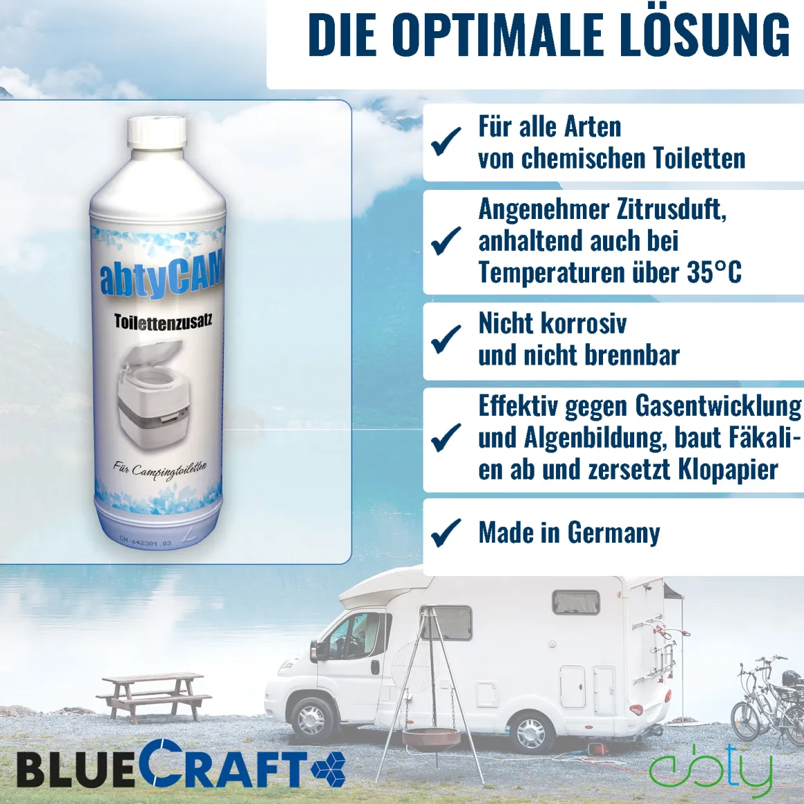 abtyCAM Toilettenzusatz 1L Sanitärflüssigkeit für Campingtoiletten