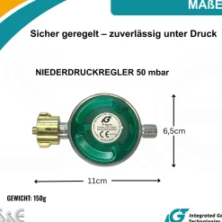 Anschluss-Set aus Gasregler 50 mbar 150 cm Gasschlauch + Gasflaschenschlüssel