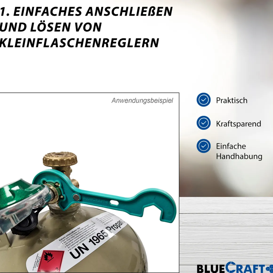 Anschluss-Set aus Gasregler 50 mbar 150 cm Gasschlauch + Gasflaschenschlüssel