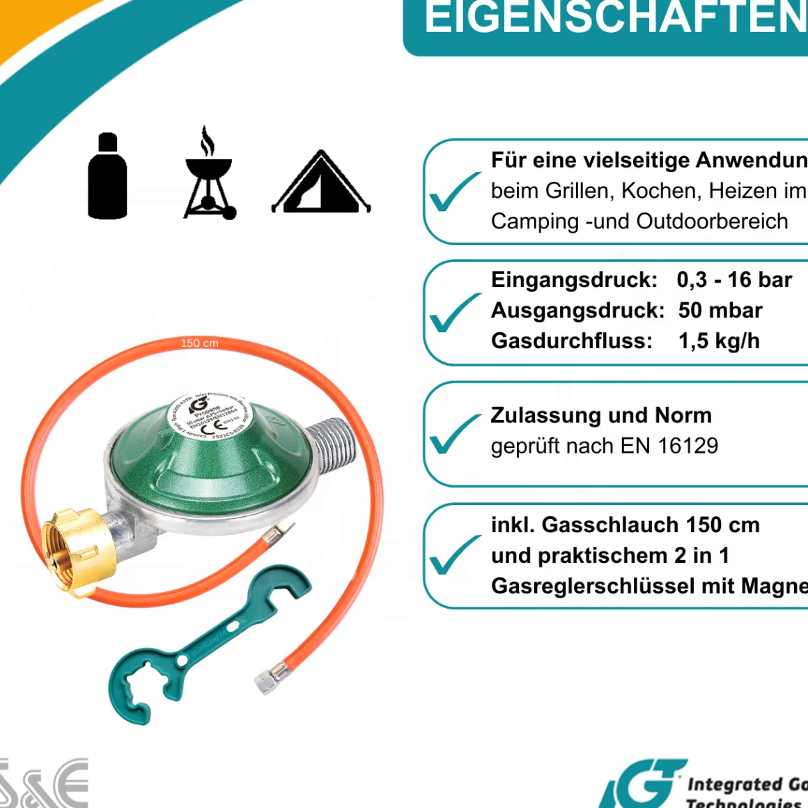 Anschluss-Set aus Gasregler 50 mbar 150 cm Gasschlauch + Gasflaschenschlüssel