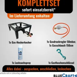 4-Bein Gas-Hocker-Kocher 10,5 kW mit Zündsicherung Piezozündung mit Gasschlauch, Gasregler und Lecksuchspray