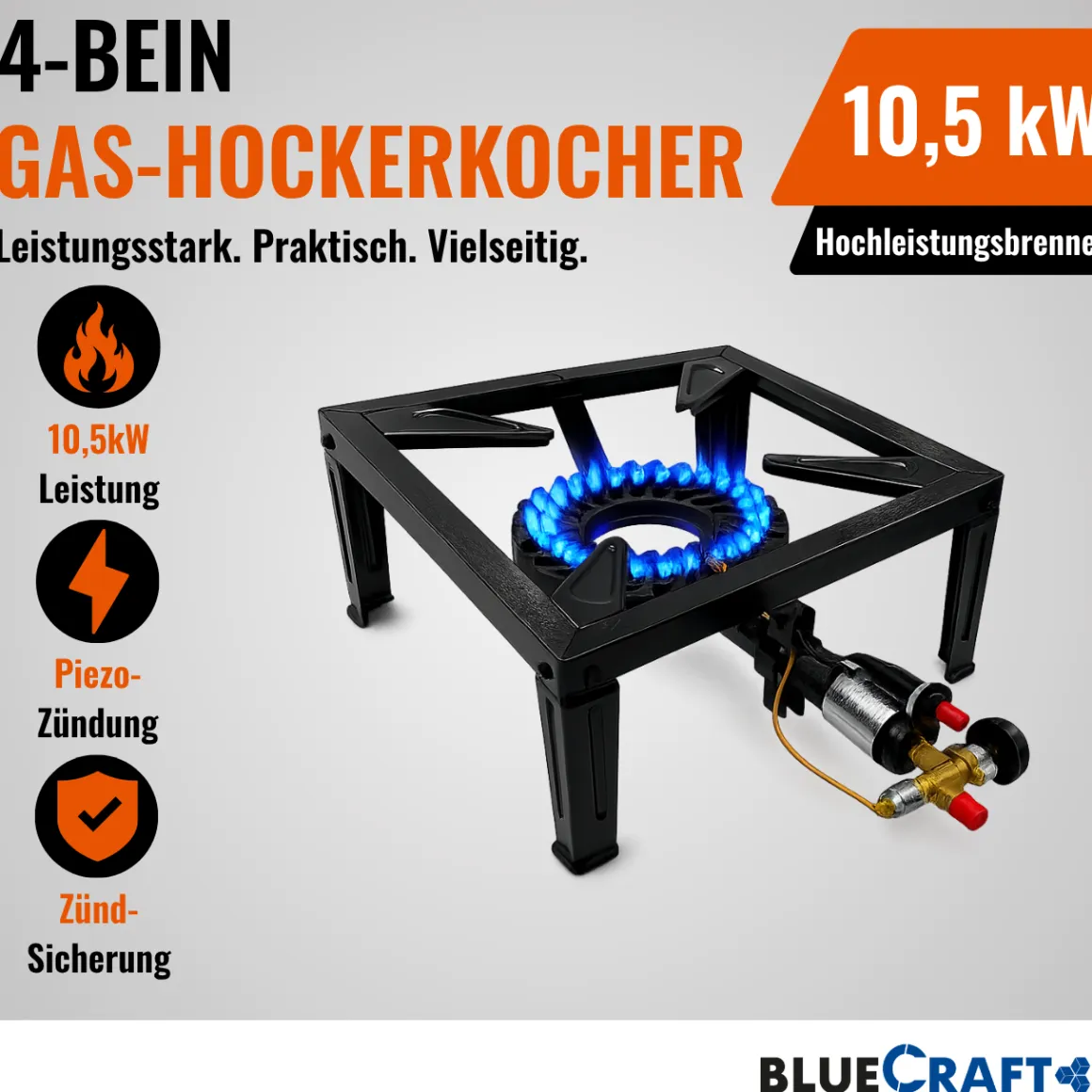 4-Bein Gas-Hocker-Kocher 10,5 kW mit Zündsicherung Piezozündung mit 2 in 1 Gasregler-Schlüssel