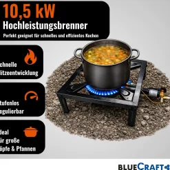 4-Bein Gas-Hocker-Kocher 10,5 kW mit Zündsicherung  Piezozündung mit 2 in 1 Gasregler-Schlüssel