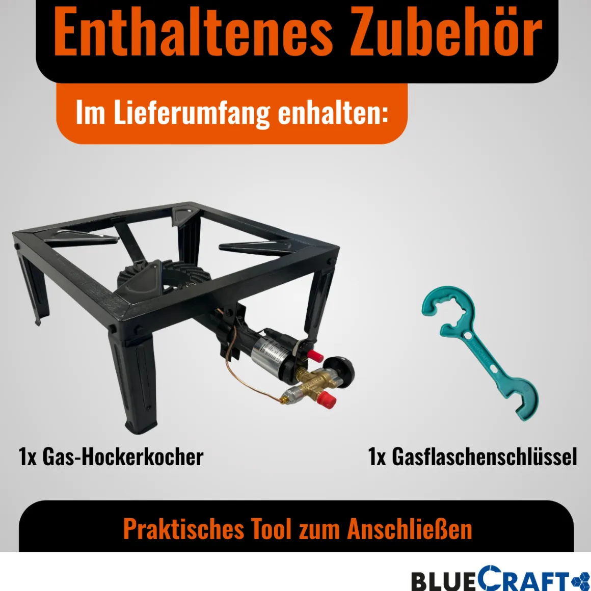 4-Bein Gas-Hocker-Kocher 10,5 kW mit Zündsicherung Piezozündung mit 2 in 1 Gasregler-Schlüssel