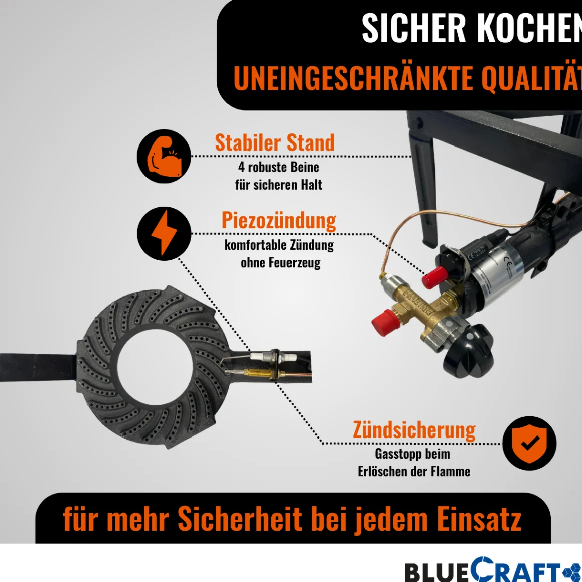 4-Bein Gas-Hocker-Kocher 10,5 kW mit Zündsicherung Piezozündung mit 2 in 1 Gasregler-Schlüssel