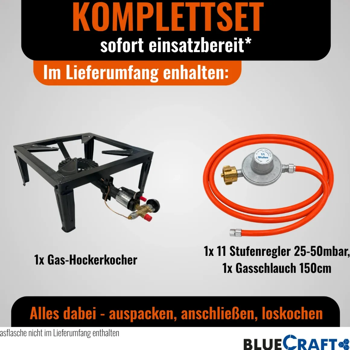 4-Bein Gas-Hocker-Kocher 10,5 kW mit Zündsicherung Piezozündung mit Gasschlauch und 11-Stufen- Gasregler