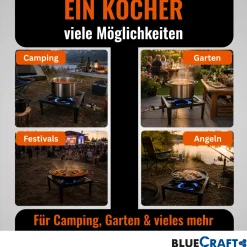 4-Bein Gas-Hocker-Kocher 10,5 kW mit Zündsicherung Piezozündung mit Gasschlauch und 11-Stufen- Gasregler