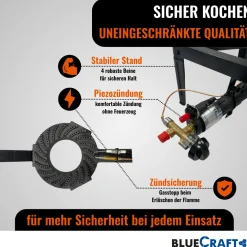 4-Bein Gas-Hocker-Kocher 10,5 kW mit Zündsicherung Piezozündung mit Gasschlauch und 11-Stufen- Gasregler