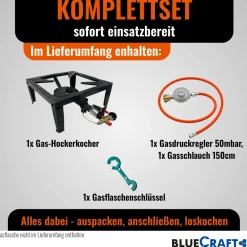 4-Bein Gas-Hocker-Kocher mit Zündsicherung Piezozündung mitGasschlauch und Gasregler