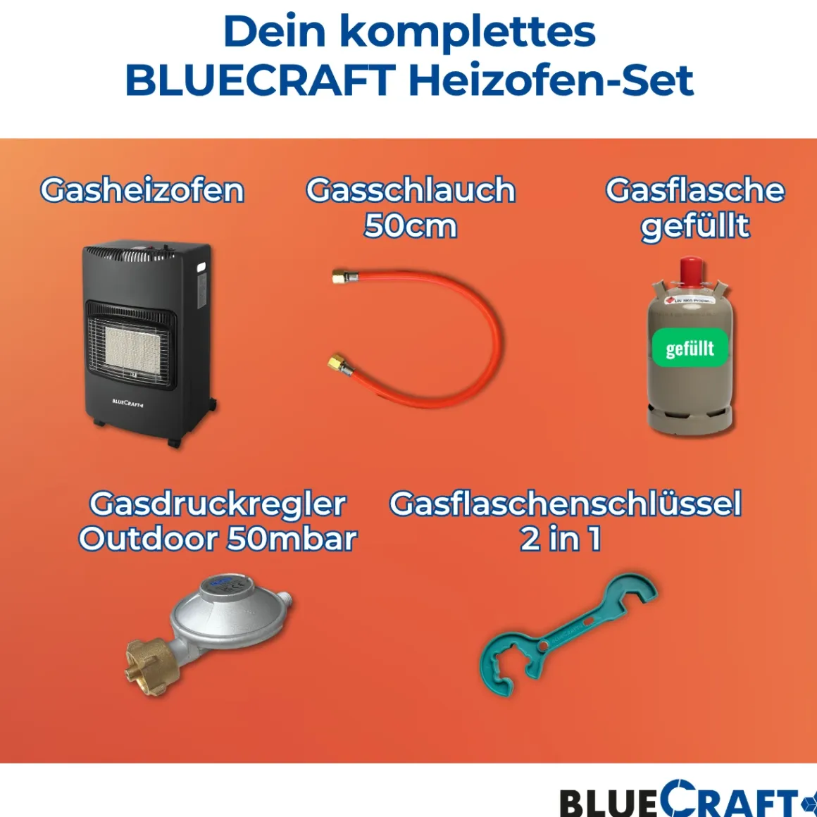 BlueCraft Infrarot Gas Heizofen 4,2 kW mit Anschlusszubehör und 11 kg Gasflasche gefüllt