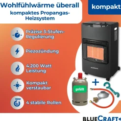 BlueCraft Infrarot Gas Heizofen 4,2 kW mit Anschlusszubehör und 11 kg Gasflasche gefüllt