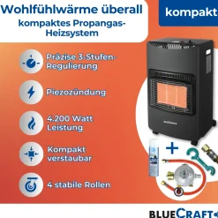 BlueCraft Infrarot Gas Heizofen 4,2 kW mit Gasregler für Innenräume