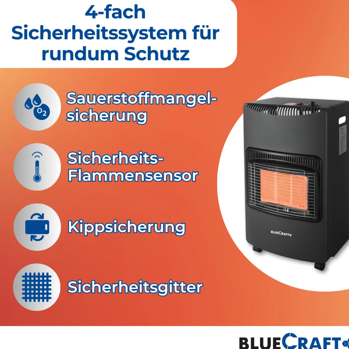 BlueCraft Infrarot Gas Heizofen 4,2 kW mit klappbaren Seitenwänden, inkl. Schlauch und Regler