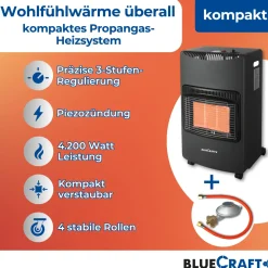 BlueCraft Infrarot Gas Heizofen 4,2 kW mit klappbaren Seitenwänden, inkl. Schlauch und Regler