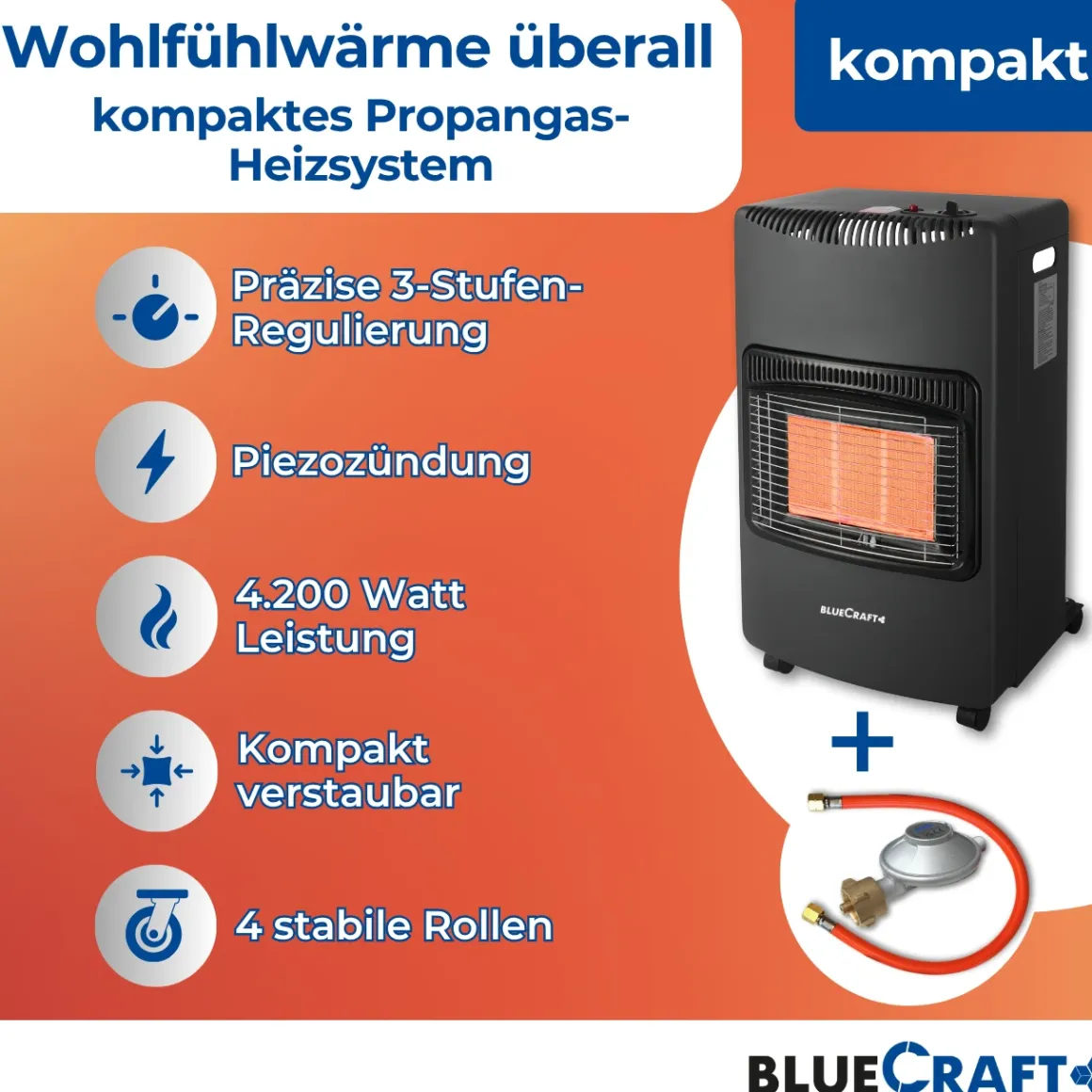 BlueCraft Infrarot Gas Heizofen 4,2 kW mit klappbaren Seitenwänden, inkl. Schlauch und Regler