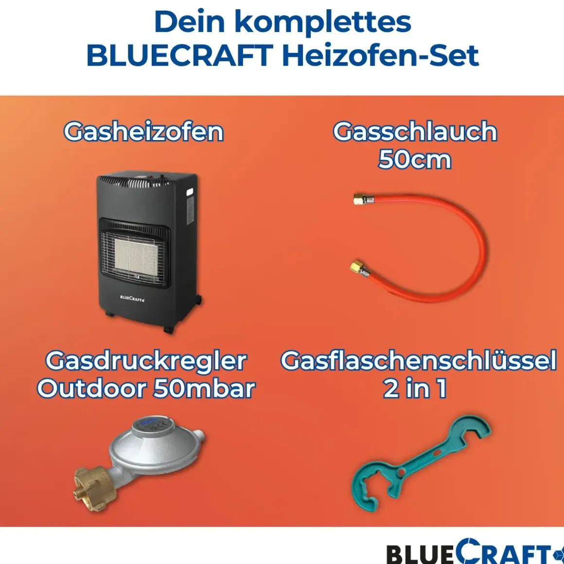 BlueCraft Infrarot Gas Heizofen 4,2 kW mit klappbaren Seitenwänden, mit Schlauch, Gasregler und -schlüssel