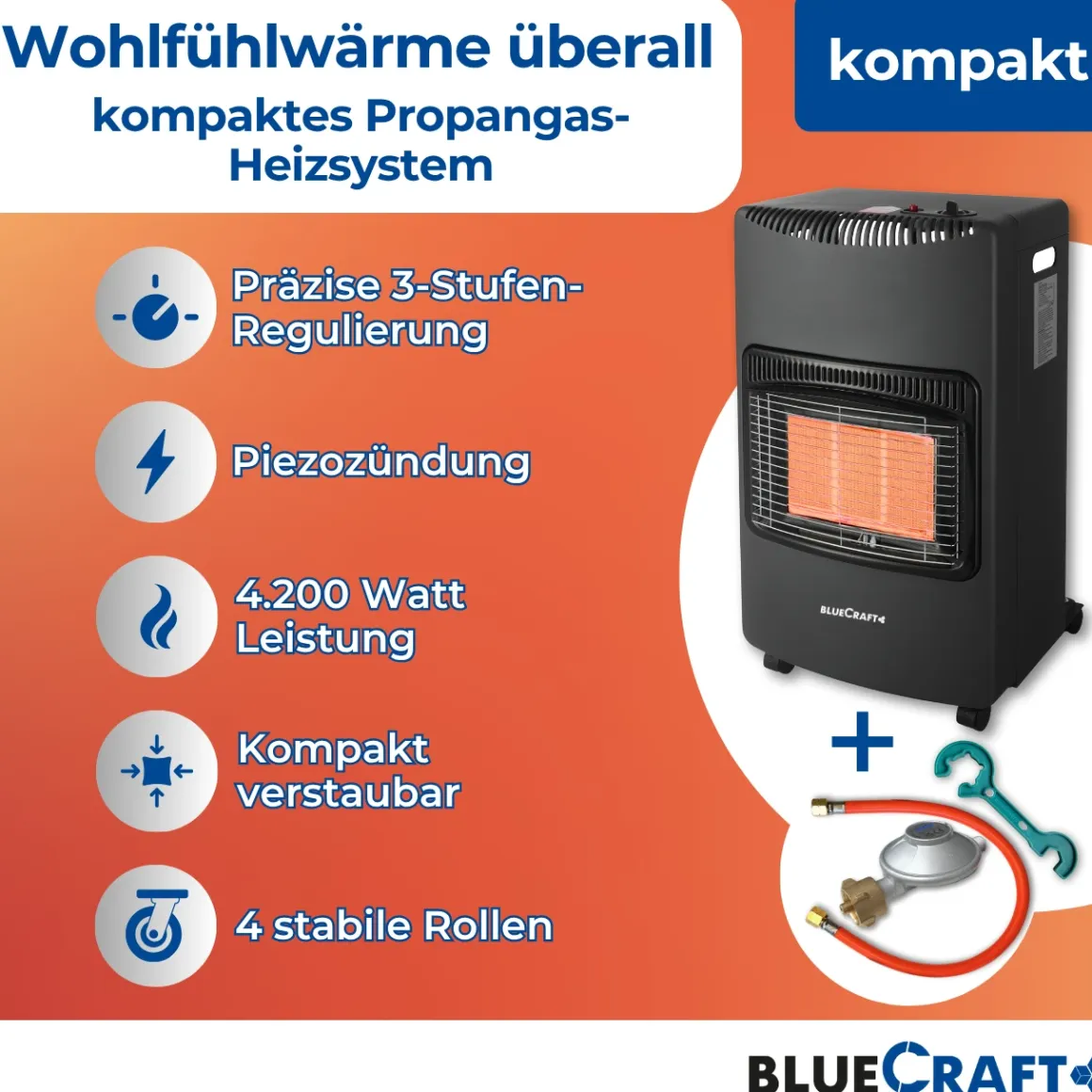 BlueCraft Infrarot Gas Heizofen 4,2 kW mit klappbaren Seitenwänden, mit Schlauch, Gasregler und -schlüssel