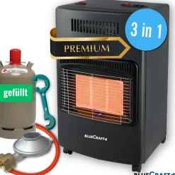 BlueCraft 3 in 1 Infrarot Gas Heizofen 4,2 kW mit Anschlusszubehör und 11 kg Gasflasche gefüllt