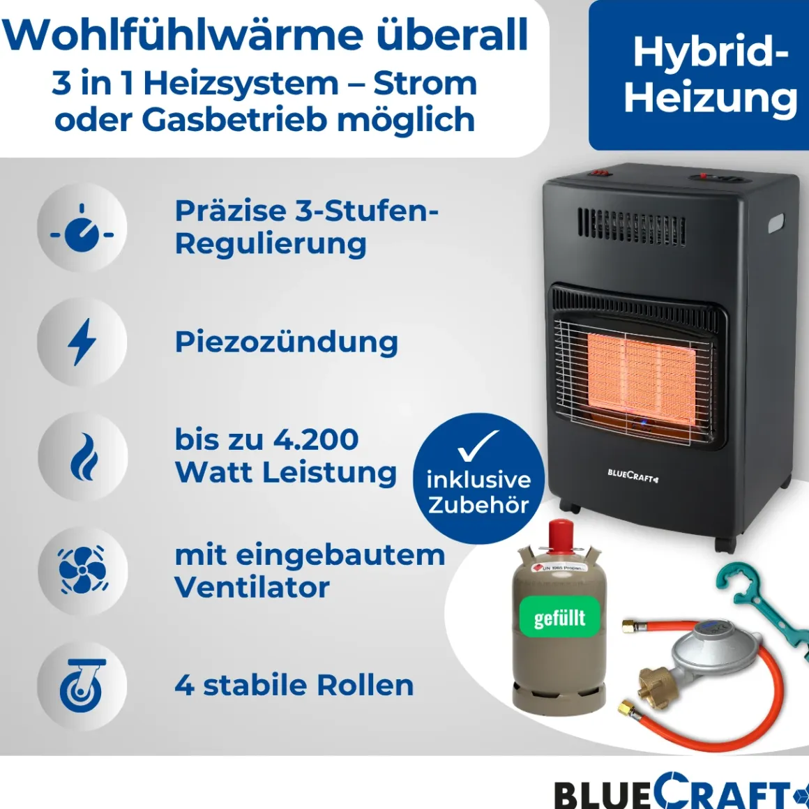 BlueCraft 3 in 1 Infrarot Gas Heizofen 4,2 kW mit Anschlusszubehör und 11 kg Gasflasche gefüllt