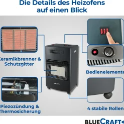 BlueCraft 3 in 1 Infrarot Gas Heizofen 4,2 kW mit Anschlusszubehör und 11 kg Gasflasche gefüllt