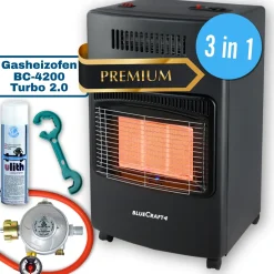 BlueCraft 3 in 1 Infrarot Gas Heizofen 4,2 kW mit Anschlusszubehör und Gasdruckregler für Innenräume