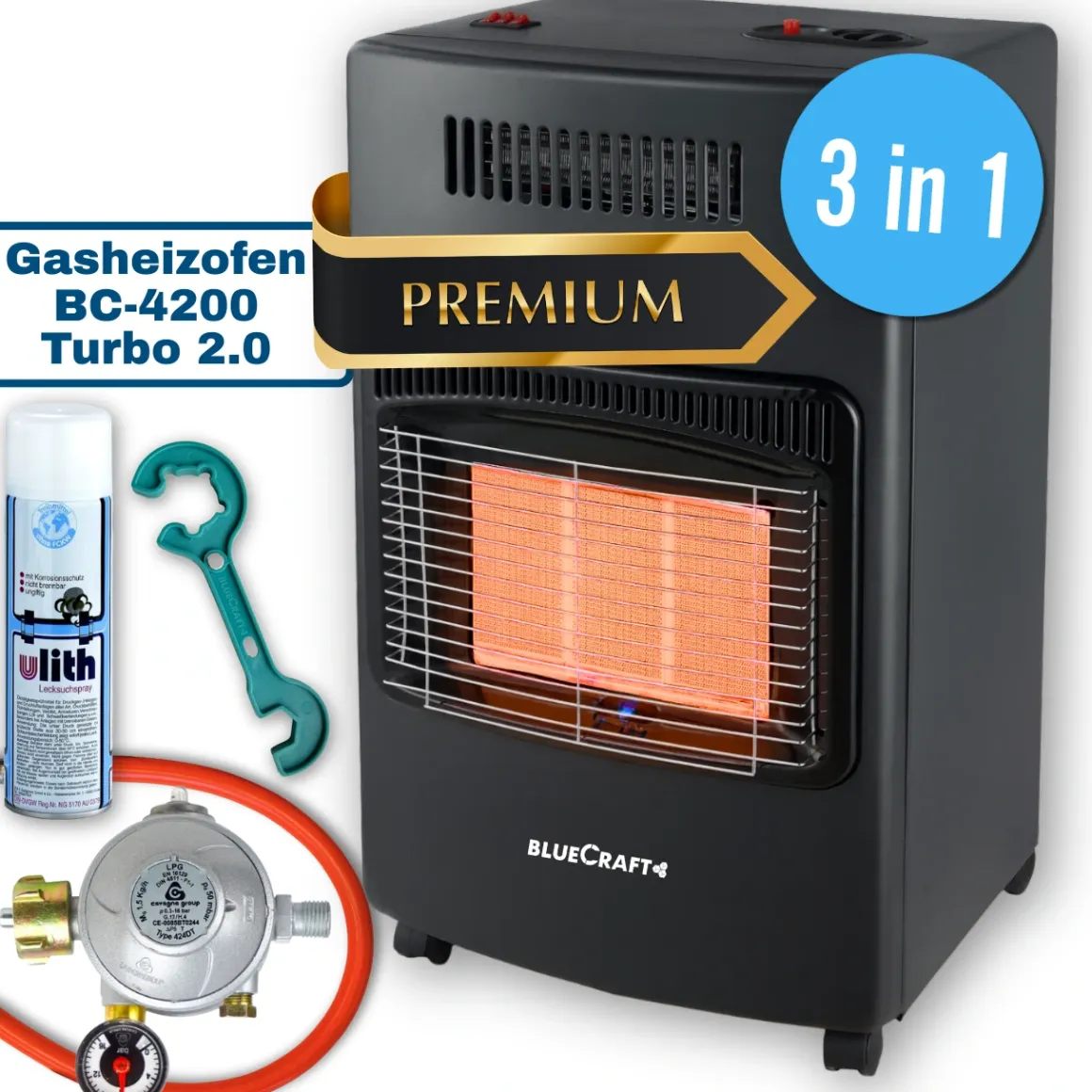 BlueCraft 3 in 1 Infrarot Gas Heizofen 4,2 kW mit Anschlusszubehör und Gasdruckregler für Innenräume
