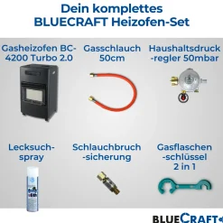 BlueCraft 3 in 1 Infrarot Gas Heizofen 4,2 kW mit Anschlusszubehör und Gasdruckregler für Innenräume