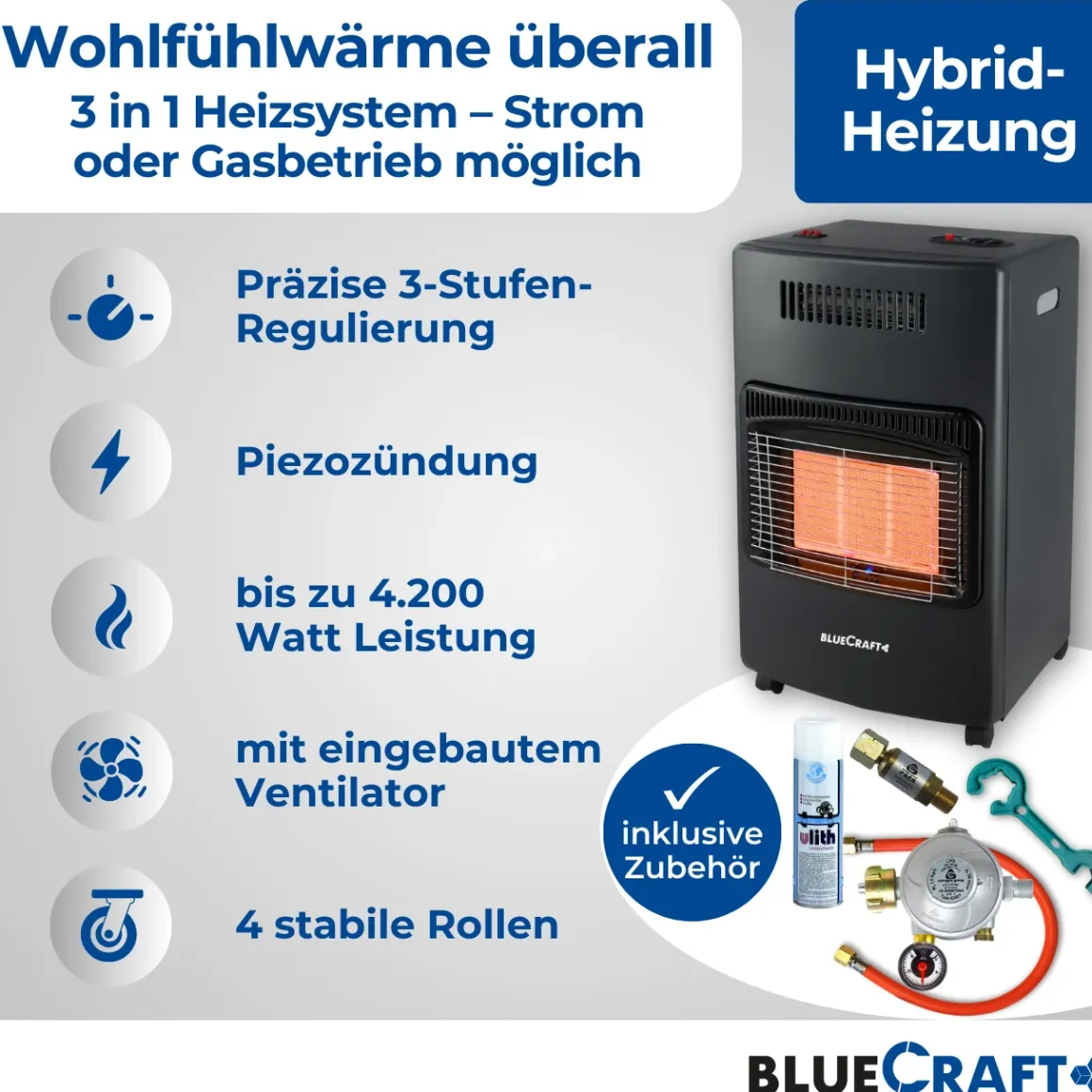 BlueCraft 3 in 1 Infrarot Gas Heizofen 4,2 kW mit Anschlusszubehör und Gasdruckregler für Innenräume
