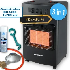 BlueCraft 3 in 1 Infrarot Gas Heizofen 4,2 kW mit Schlauch, Gasregler, Gasschlüssel & Lecksuchspray