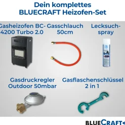 BlueCraft 3 in 1 Infrarot Gas Heizofen 4,2 kW mit Schlauch, Gasregler, Gasschlüssel & Lecksuchspray