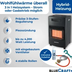 BlueCraft 3 in 1 Infrarot Gas Heizofen 4,2 kW mit Schlauch, Gasregler, Gasschlüssel & Lecksuchspray