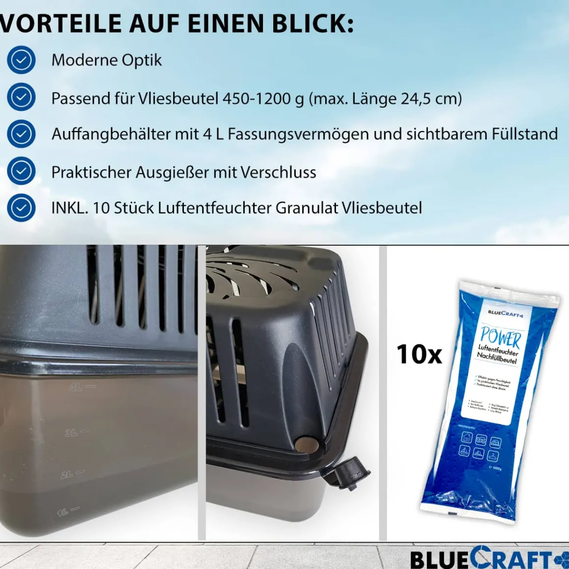 Bluecraft Luftentfeuchter Granulat Box MEGA mit 10x 1kg Vliesbeutel Nachfüllpack Raumentfeuchter