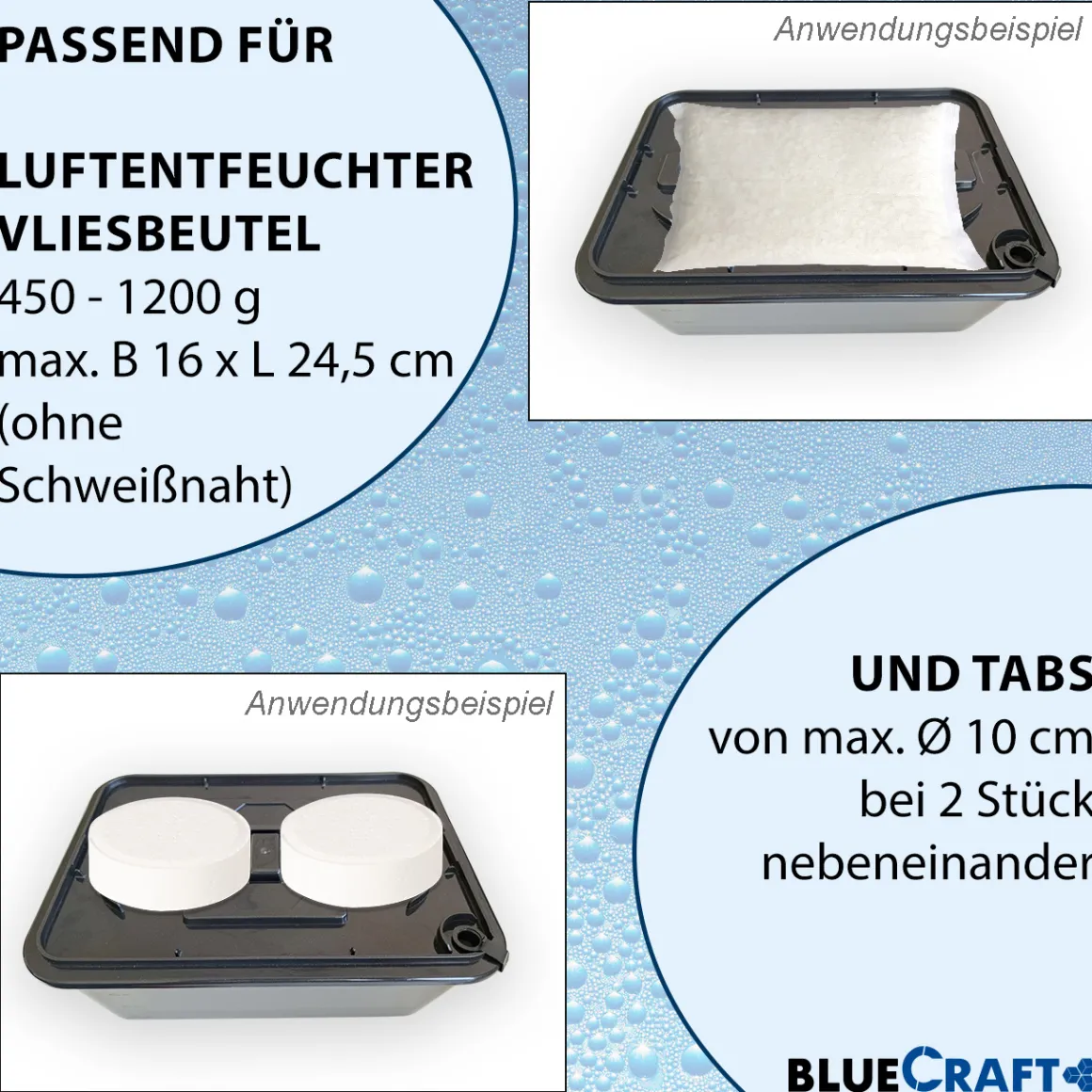 Bluecraft Luftentfeuchter Granulat Box MEGA mit 3x 1kg Vliesbeutel Nachfüllpack Raumentfeuchter