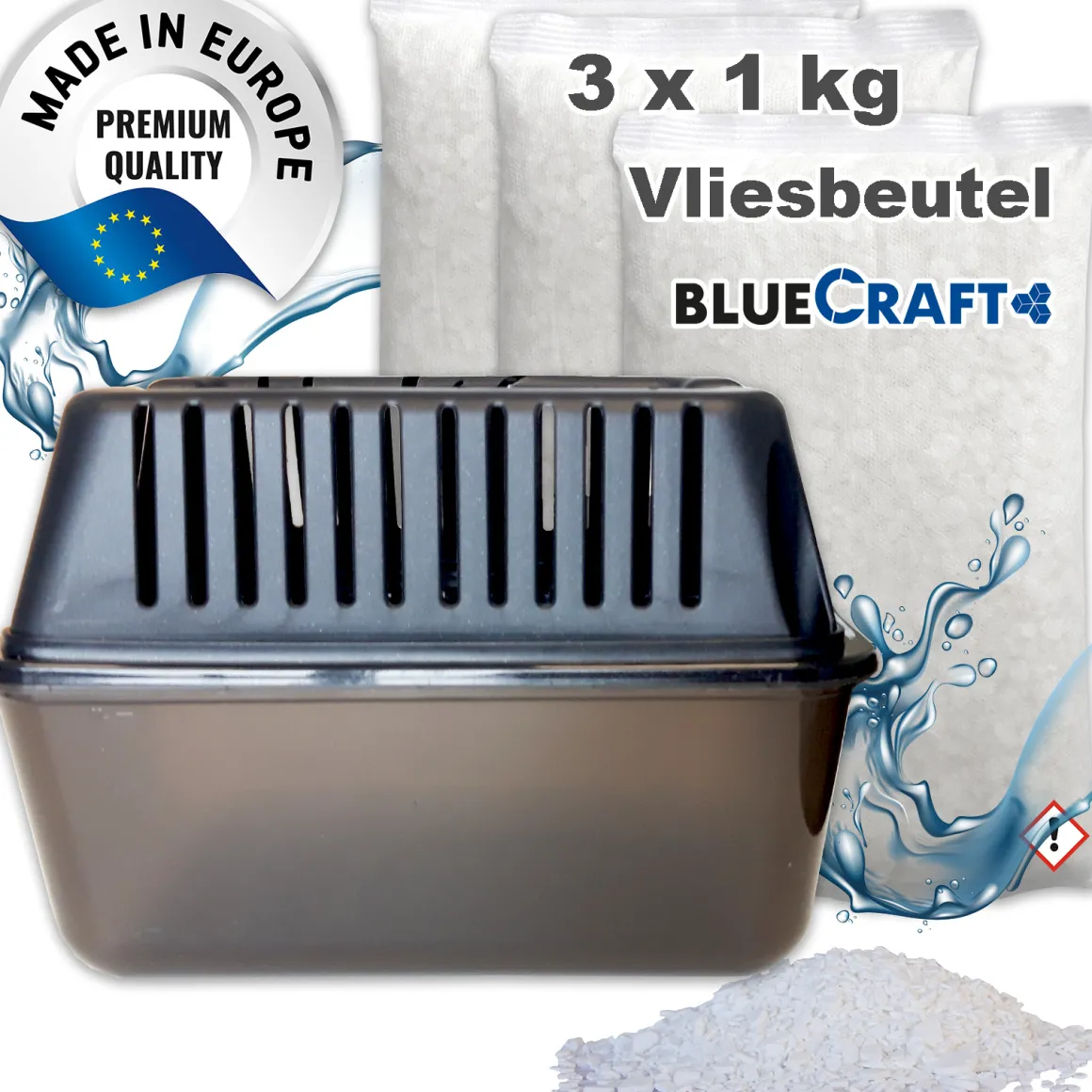 Bluecraft Luftentfeuchter Granulat Box MEGA mit 3x 1kg Vliesbeutel Nachfüllpack Raumentfeuchter