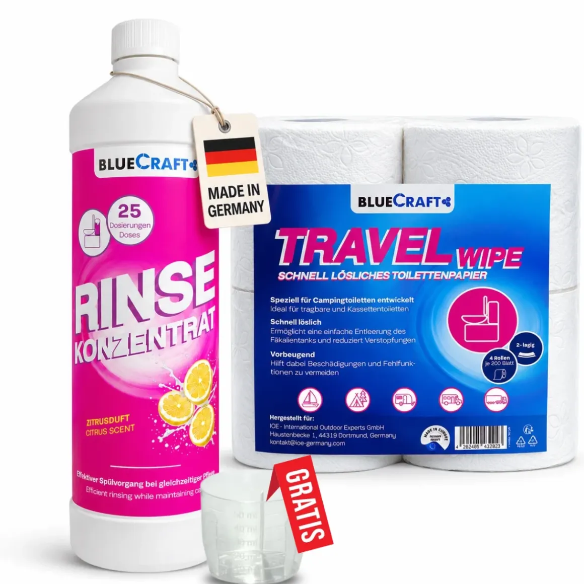 Bluecraft Rinse Konzentrat 1L + 4 Rollen Toilettenpapier Travel Wipe