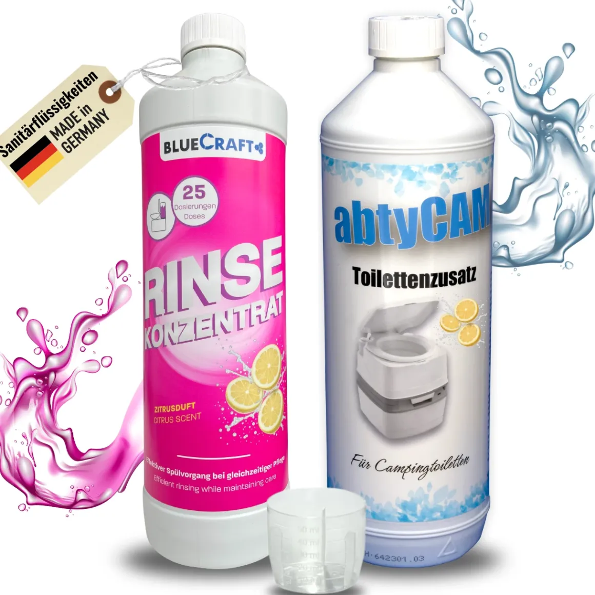 Bluecraft Rinse Konzentrat 1L & abtyCAM Toilettenzusatz 1L, mit Dosierbecher 50 ml - Sanitärflüssigkeiten für Campingtoiletten