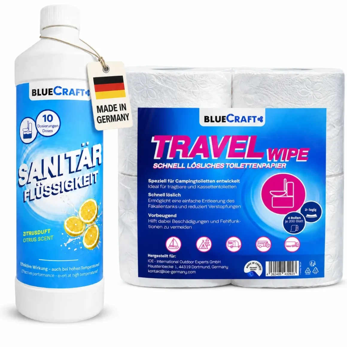 Bluecraft Sanitärflüssigkeit 1l für Campingtoiletten mit 4 Rollen Toilettenpapier