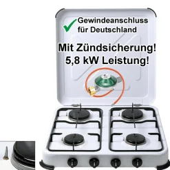 Camping-Gas-Kocher Mobi 4-flammig, weiss  mit Zündsicherung, Gasschlauch und Gasregler