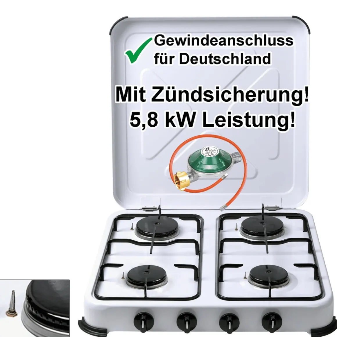 Camping-Gas-Kocher Mobi 4-flammig, weiss mit Zündsicherung, Gasschlauch und Gasregler