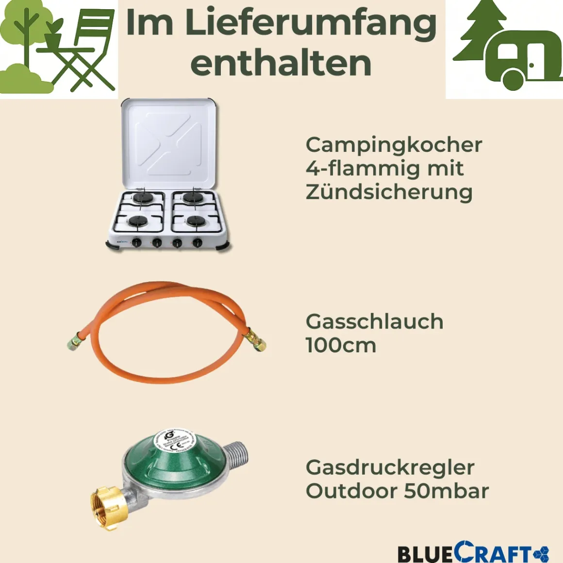 Camping-Gas-Kocher Mobi 4-flammig, weiss mit Zündsicherung, Gasschlauch und Gasregler