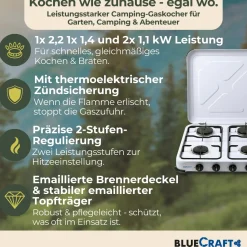 Camping-Gas-Kocher Mobi 4-flammig, weiss mit Zündsicherung, Gasschlauch und Gasregler