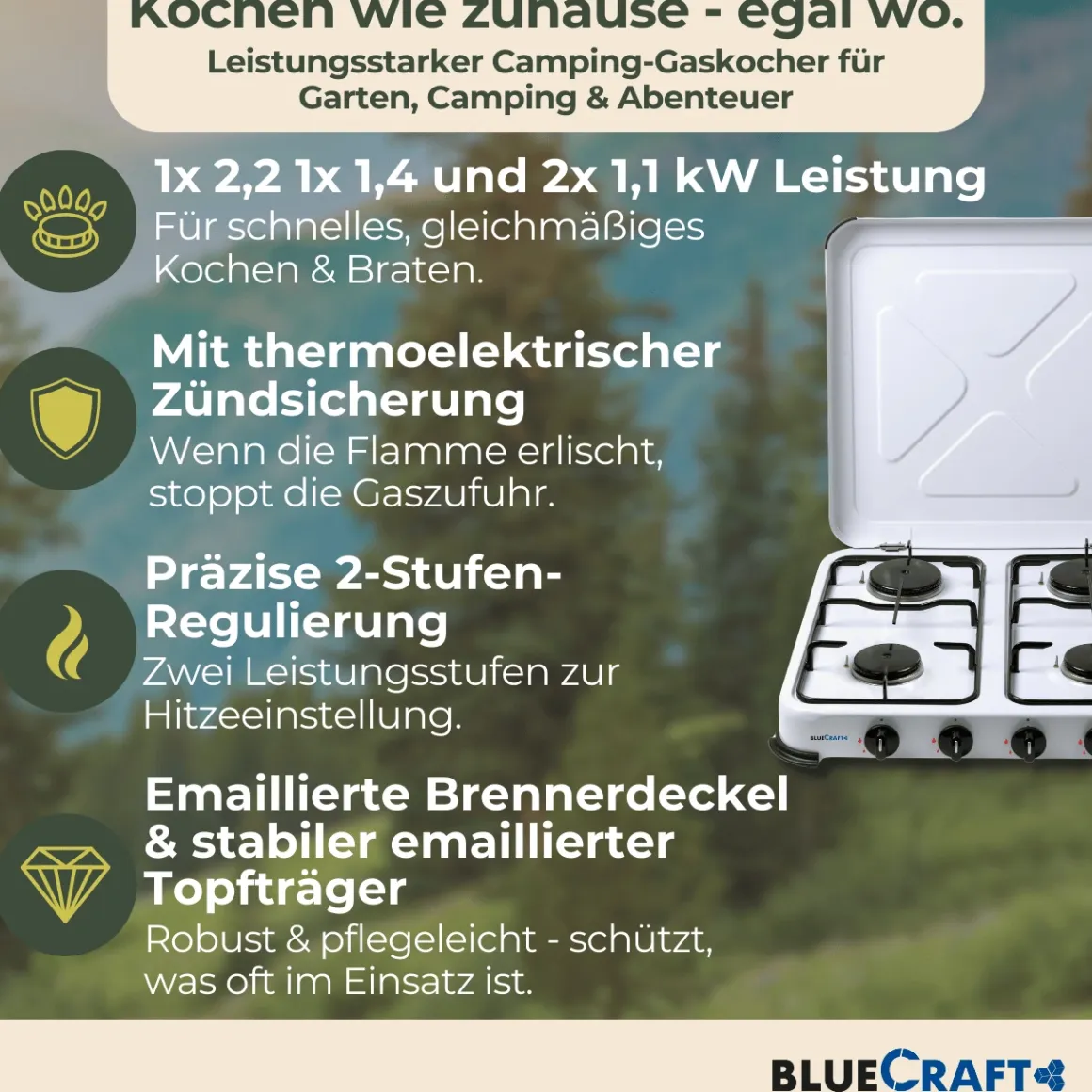 Camping-Gas-Kocher Mobi 4-flammig, weiss mit Zündsicherung, Gasschlauch und Gasregler