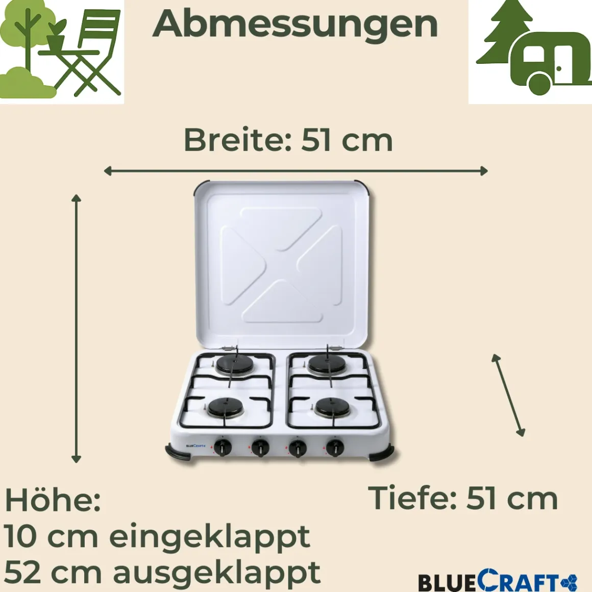 Camping-Gas-Kocher Mobi 4-flammig, weiss mit Zündsicherung, Gasschlauch und Gasregler