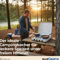 Camping-Gas-Kocher Mobi 4-flammig, weiss mit Zündsicherung, Gasschlauch und Gasregler