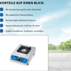 Edelstahl Gaskocher Campingkocher 2-flammig  mit Zündsicherung, 30 50 mbar mit Gasschlauch und Gasdruckregler