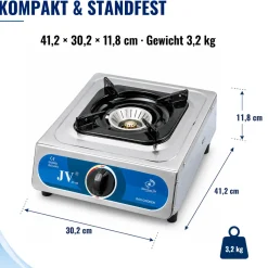 Edelstahl Gaskocher Campingkocher 1-flammig mit Zündsicherung, 30 50 mbar